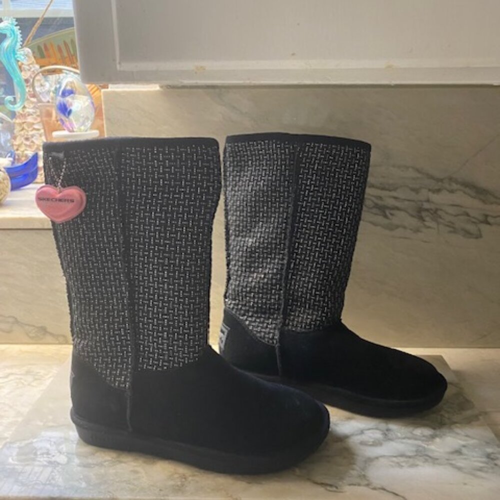 SKETCHERS Australia Tall Boots Black Leather Silver Mesh Accent 7.5